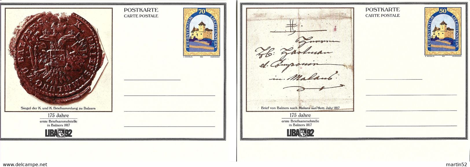 Liechtenstein 1992: PK LBK-N° 88-89 LIBA "175 Jahre Briefsammelstelle Balzers" (Burg Gutenberg) Ungelaufen Non Circulé - Stamped Stationery