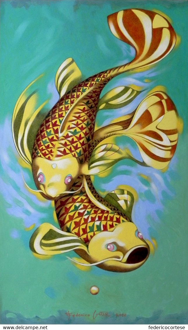 Pesci / Fish. Dipinto Ad Olio / Oil Painting - Contemporary Art