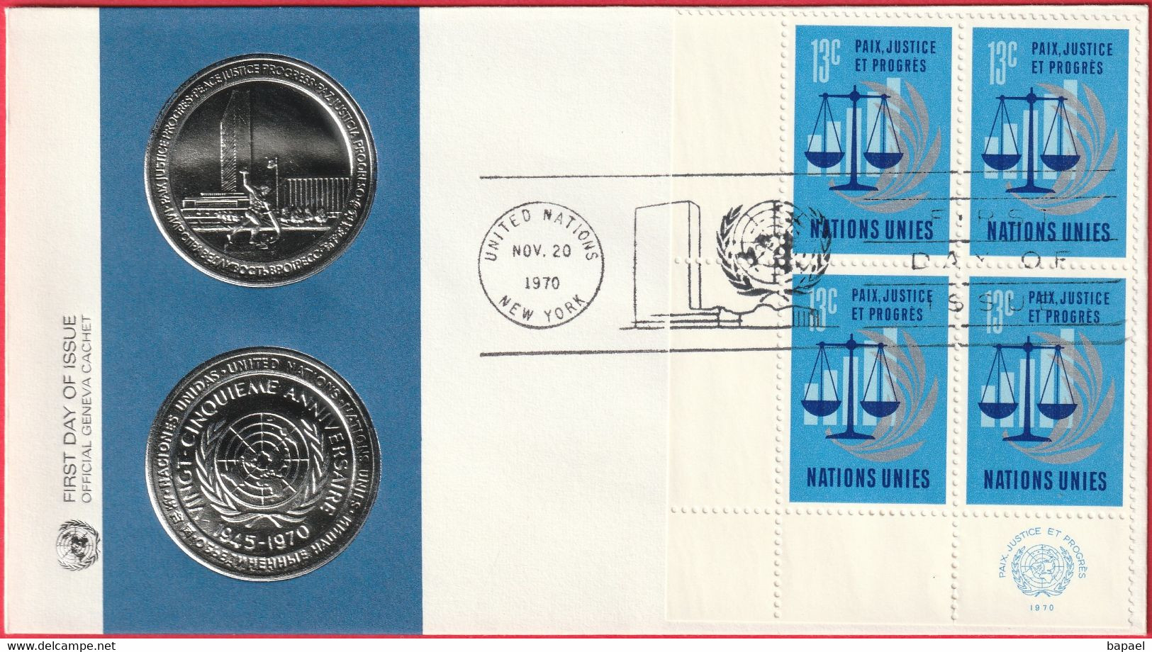 FDC - Enveloppe - Nations Unies - (New-York) (20-11-70) - Paix Justice Et Progrès (2) (Recto-Verso) - Brieven En Documenten
