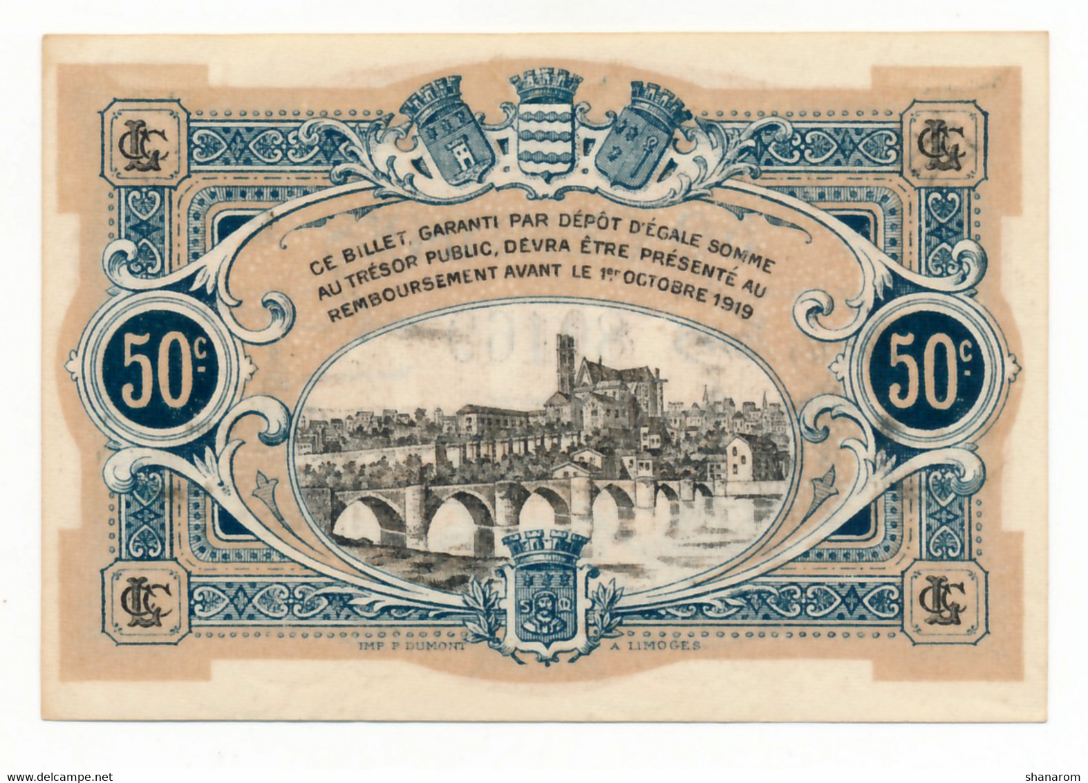 C.D.C. // LIMOGES (87) // Remboursable Octobre 1919 // Cinquante Centimes // Filigrane Abeilles// SPL - Chambre De Commerce