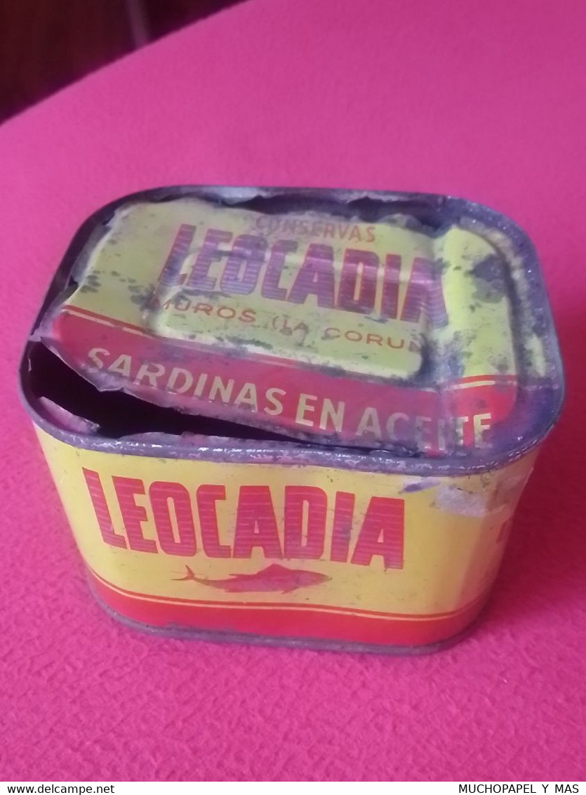 SPAIN ANTIGUA LATA DE SARDINAS EN ACEITE CONSERVAS LEOCADIA MUROS LA CORUÑA DANIEL RODRÍGUEZ SARDINES PILCHARDS OLD TIN.