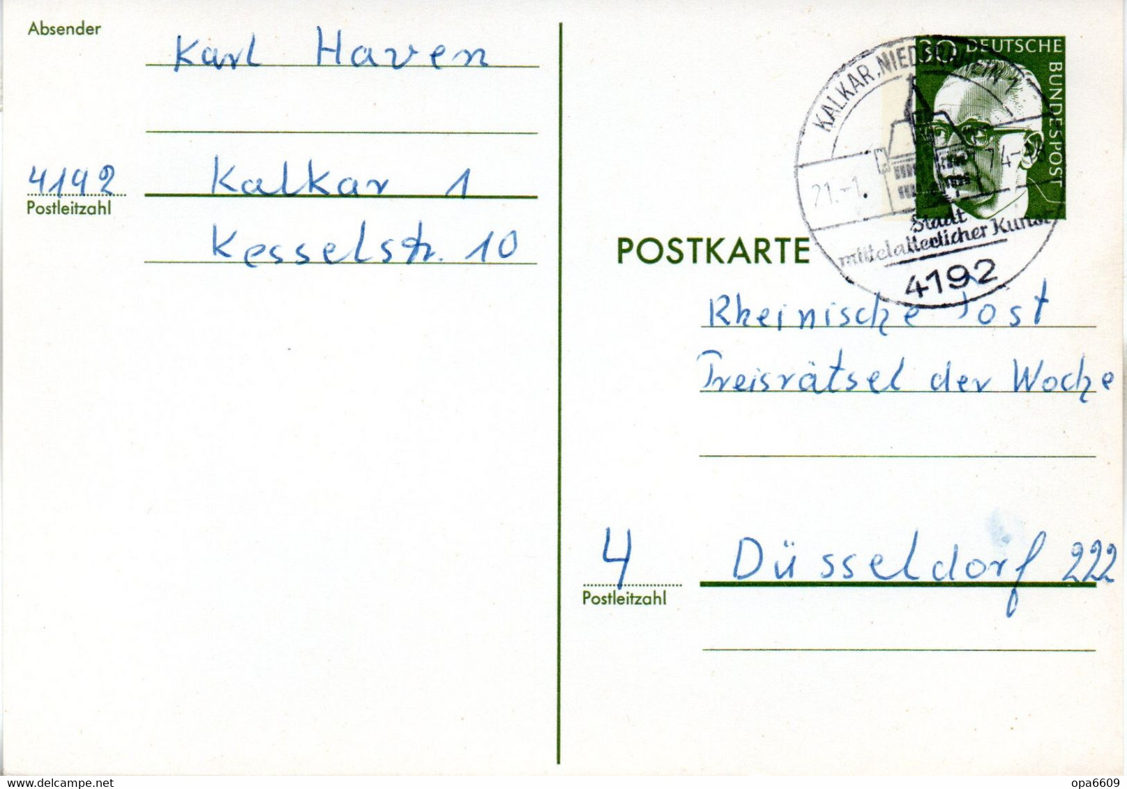 BRD Amtl.Ganzs.-Postkarte P 110b WSt."Bundespräsident Dr. Gustav Heinemann" 30 (Pf) Grün, SSt 21.1.74 KALKAR - Postkarten - Gebraucht