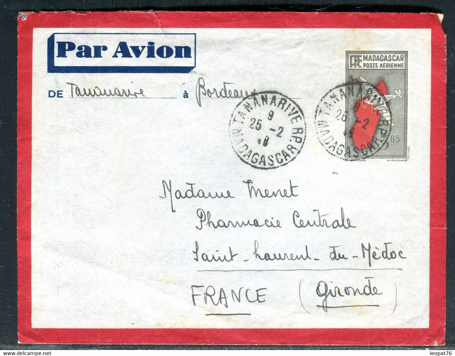 Madagascar - Entier Postal Par Avion De Tananarive Pour La France  - O 148 - Cartas & Documentos