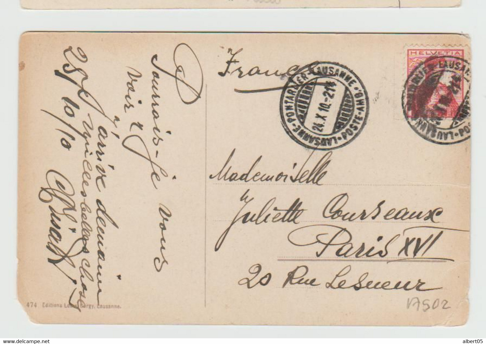 Cachet Ambulant Pontarlier à Lausanne 24/X/1910 - Ferrocarril