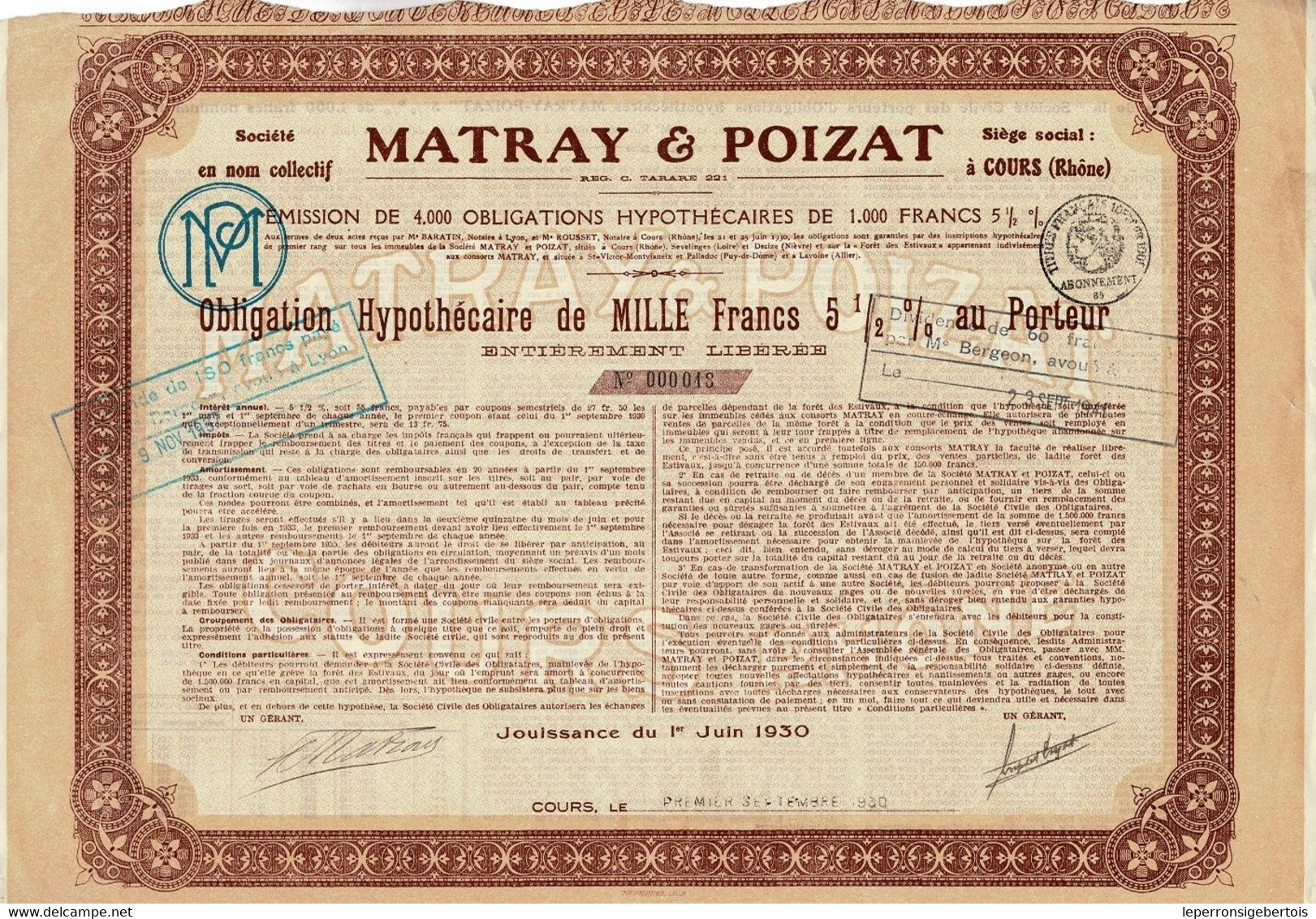 Obligation De 1930 - Société En Nom Collectif - Matray & Poizat à Cours - Textile
