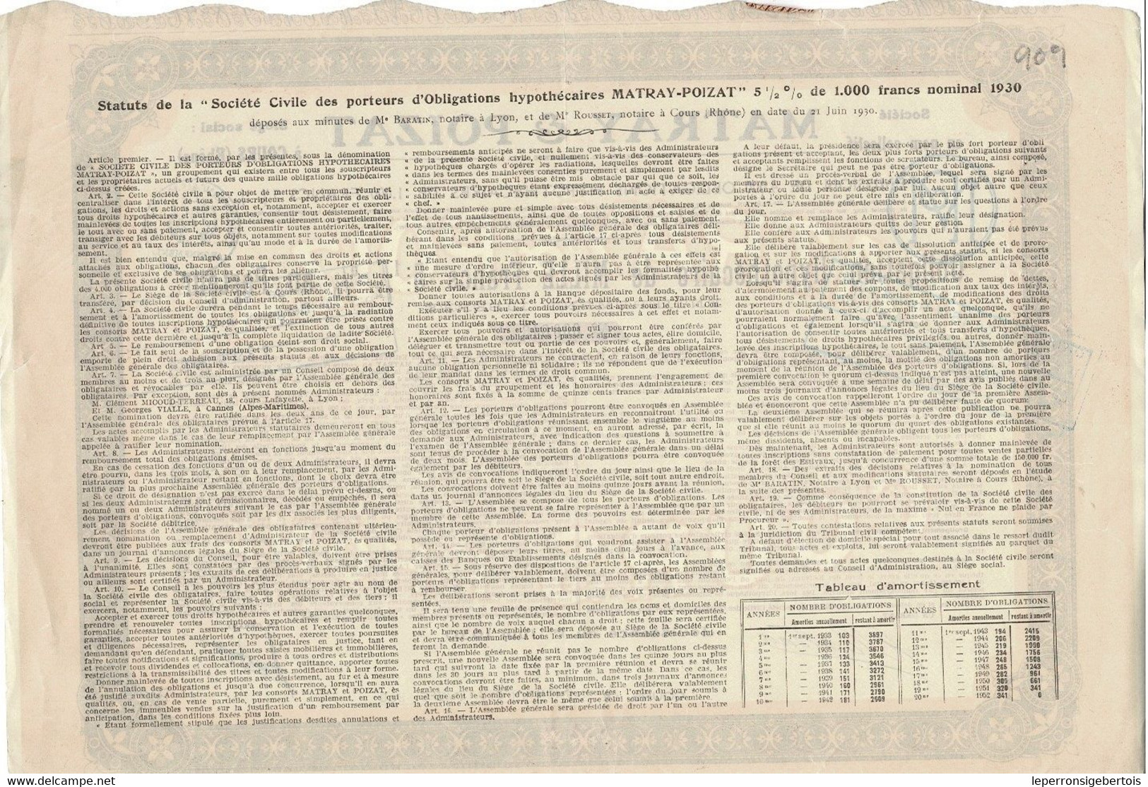 Obligation De 1930 - Société En Nom Collectif - Matray & Poizat à Cours - Textil