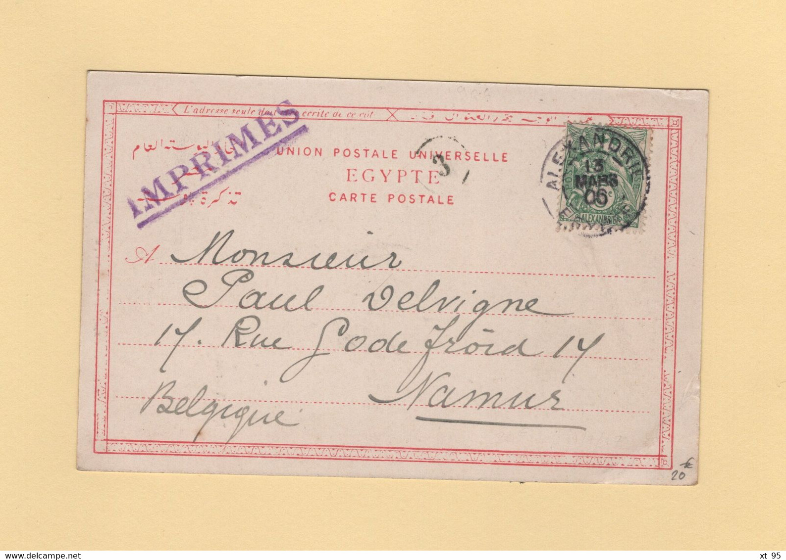Alexandrie - Egypte - 13 Mars 1906 - Tarif Imprimes Destination Belgique - Type Blanc - Lettres & Documents