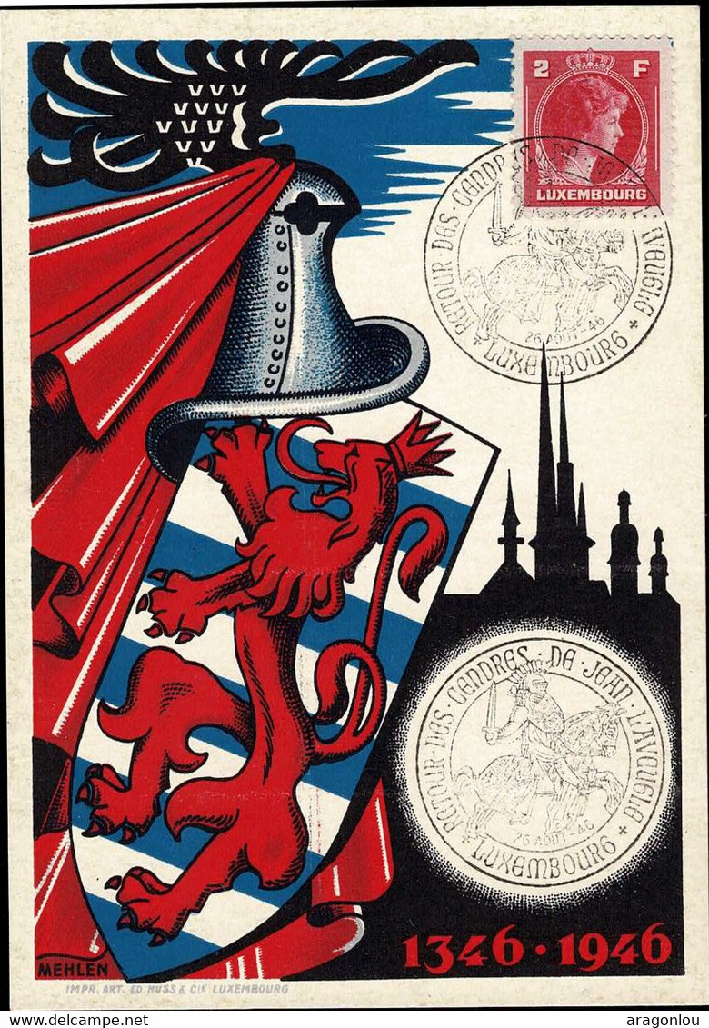 Luxembourg Luxemburg 1946 Carte Commémorative Retour Des Cendres Jean L'Aveugle - Herdenkingskaarten