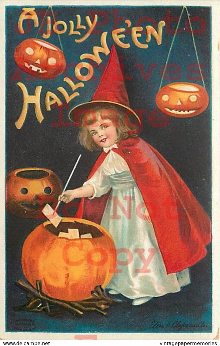 258477-Halloween, IAP No 978-6, Ellen Clapsaddle, Young Girl Witch With Jack O Lanterns - Halloween
