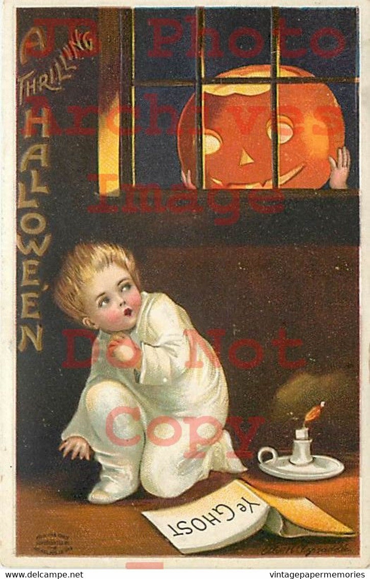 258479-Halloween, IAP No 978-3, Ellen Clapsaddle, JOL In Window Scares Boy - Halloween