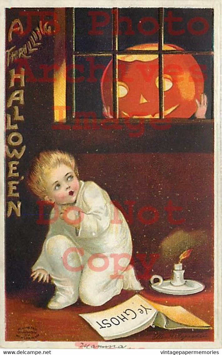 258483-Halloween, IAP No 978-3, Ellen Clapsaddle, JOL In Window Scares Boy - Halloween