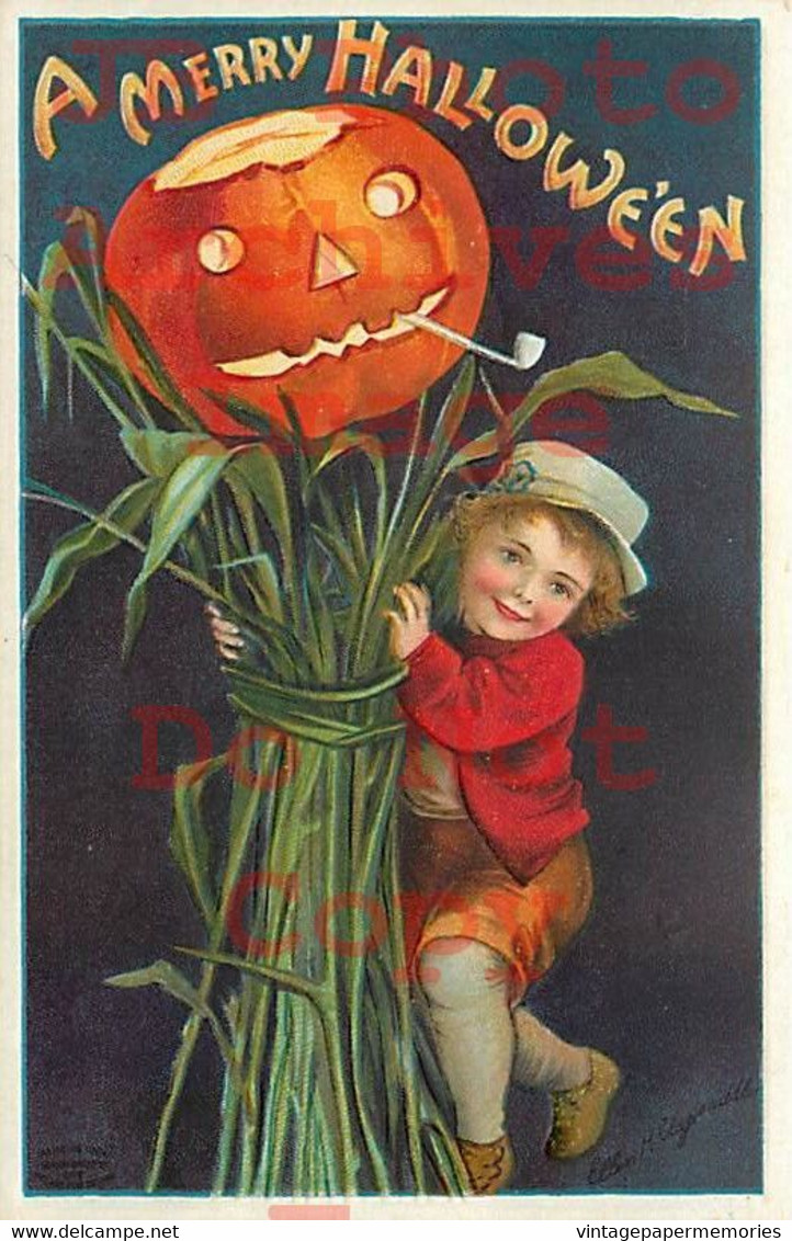 258495-Halloween, IAP No 978-5, Ellen Clapsaddle, Boy With Jack O Lantern Smoking Pipe - Halloween