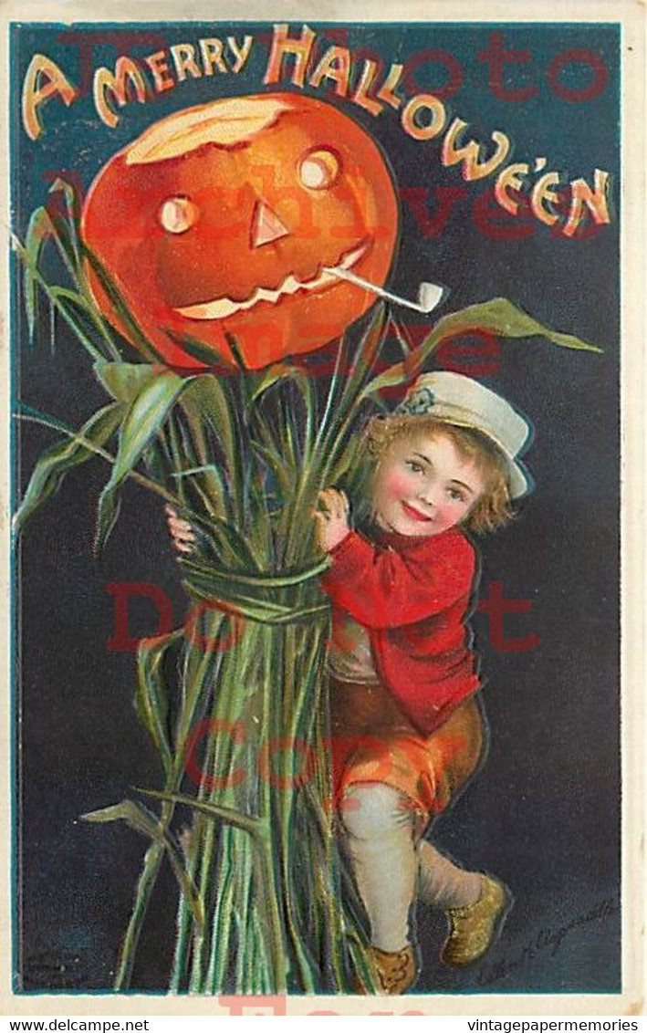 258497-Halloween, IAP No 978-5, Ellen Clapsaddle, Boy With Jack O Lantern Smoking Pipe - Halloween