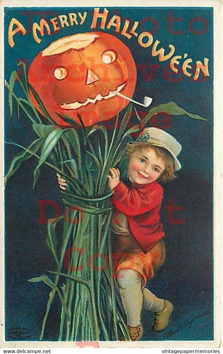 258499-Halloween, IAP No 978-5, Ellen Clapsaddle, Boy With Jack O Lantern Smoking Pipe - Halloween