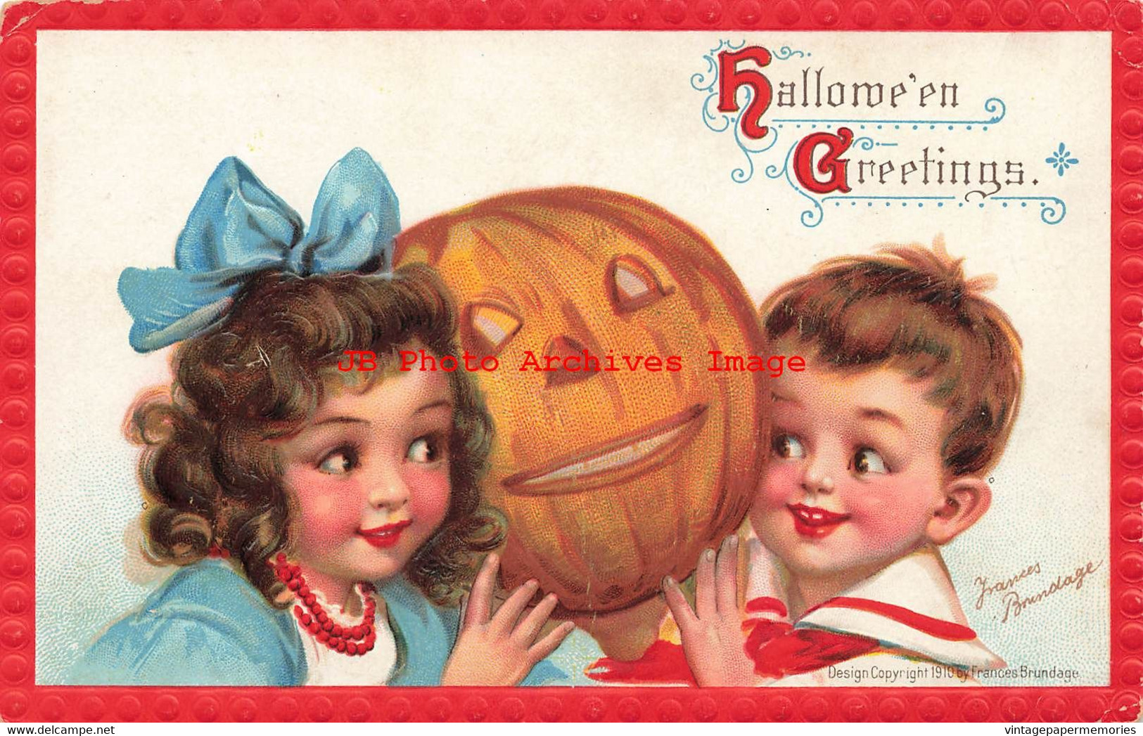 344559-Halloween, Gabriel No 120-7, Frances Brundage, Girl & Boy Holding JOL - Halloween