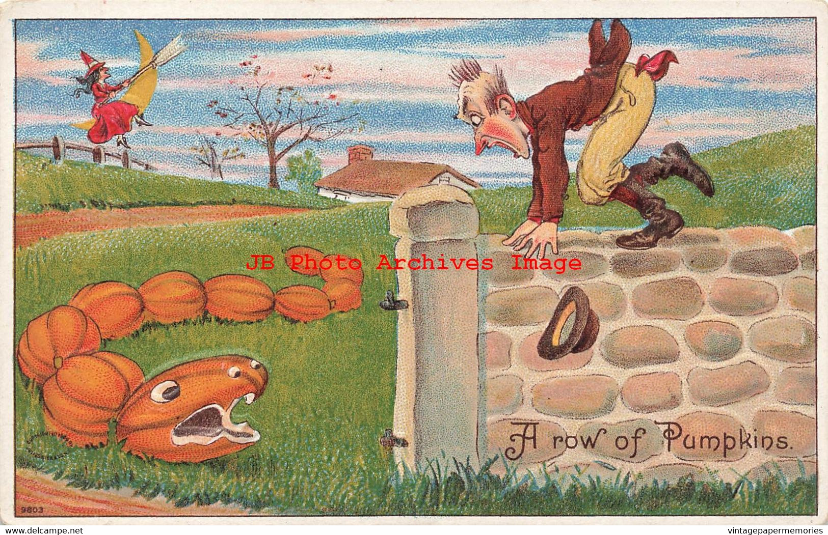 344621-Halloween, Julius Bien No 9803, A Row Of Pumpkins, Frightened Man On Stone Wall - Halloween