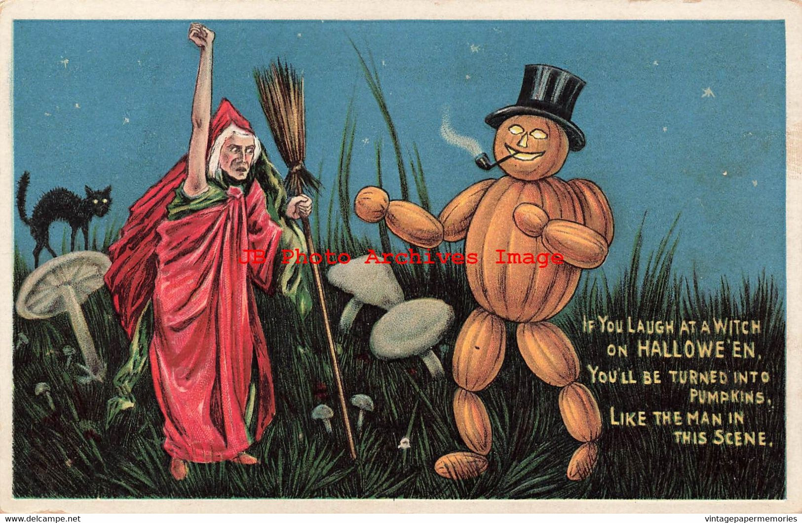 344643-Halloween, Anglo-American No 876/3, Witch & Gourd Man In Mushroom Field - Halloween