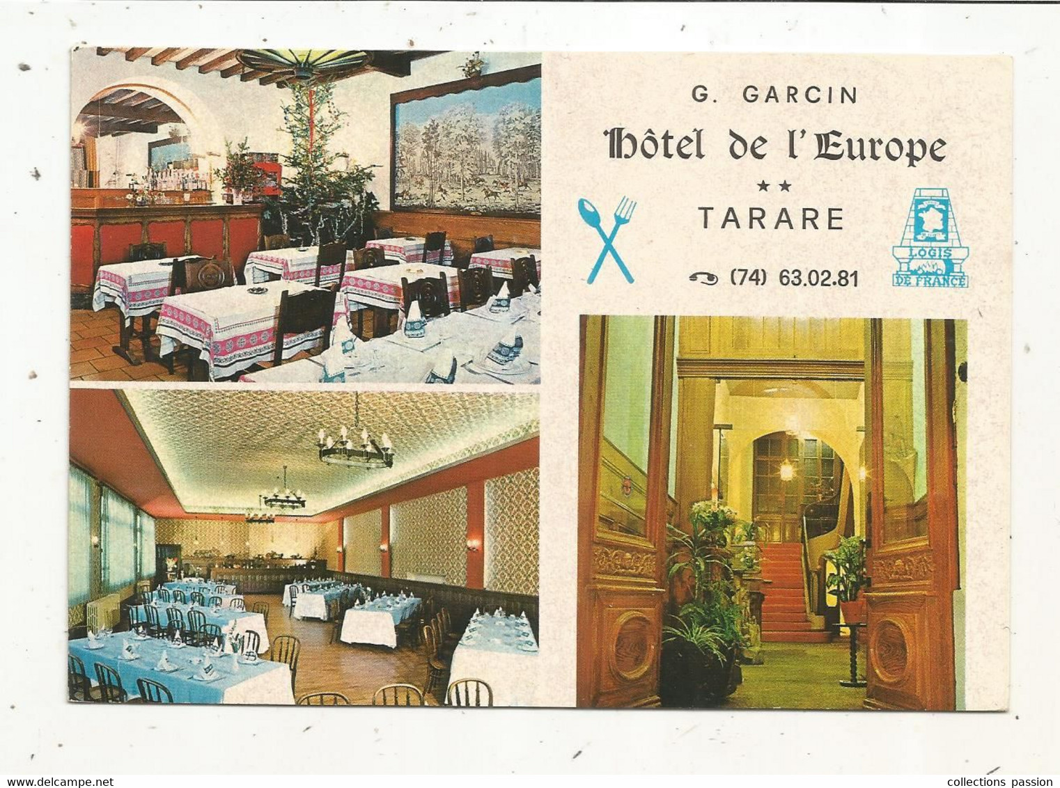 Cp, Publicité , HOTEL DE L'EUROPE, 69 ,  TARARE , 2 Scans ,  Vierge, Plan - Publicidad