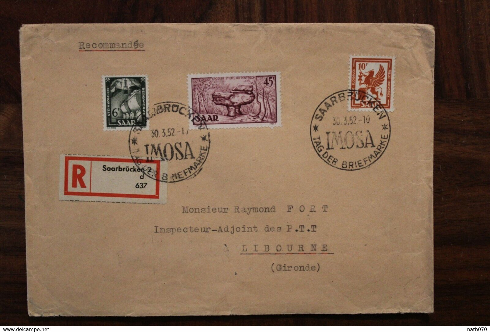 1952 IMOSA Saar Region Letter Saarbrücken Cover Saar France Registered Letter Libourne - Brieven En Documenten