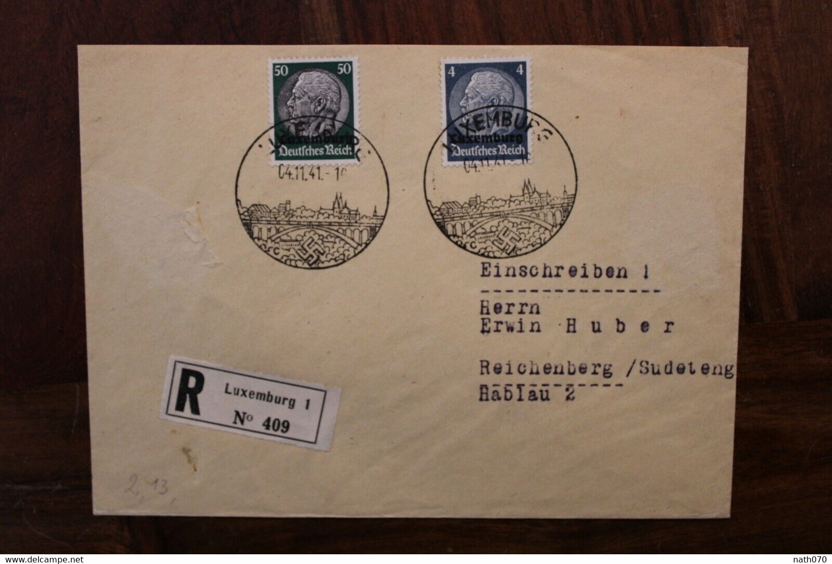 1941 Luxembourg Reichenberg Sudetengau Einschreiben Cover Luxembourg Registered Recommandé Besetzung - 1940-1944 Deutsche Besatzung