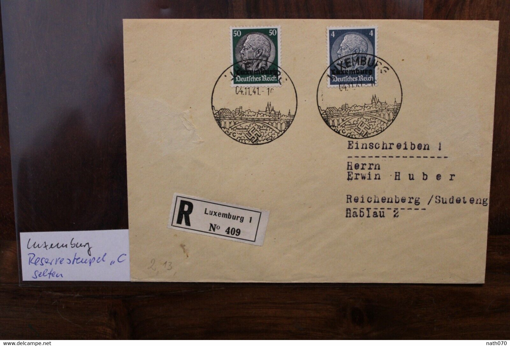 1941 Luxembourg Reichenberg Sudetengau Einschreiben Cover Luxembourg Registered Recommandé Besetzung - 1940-1944 Deutsche Besatzung