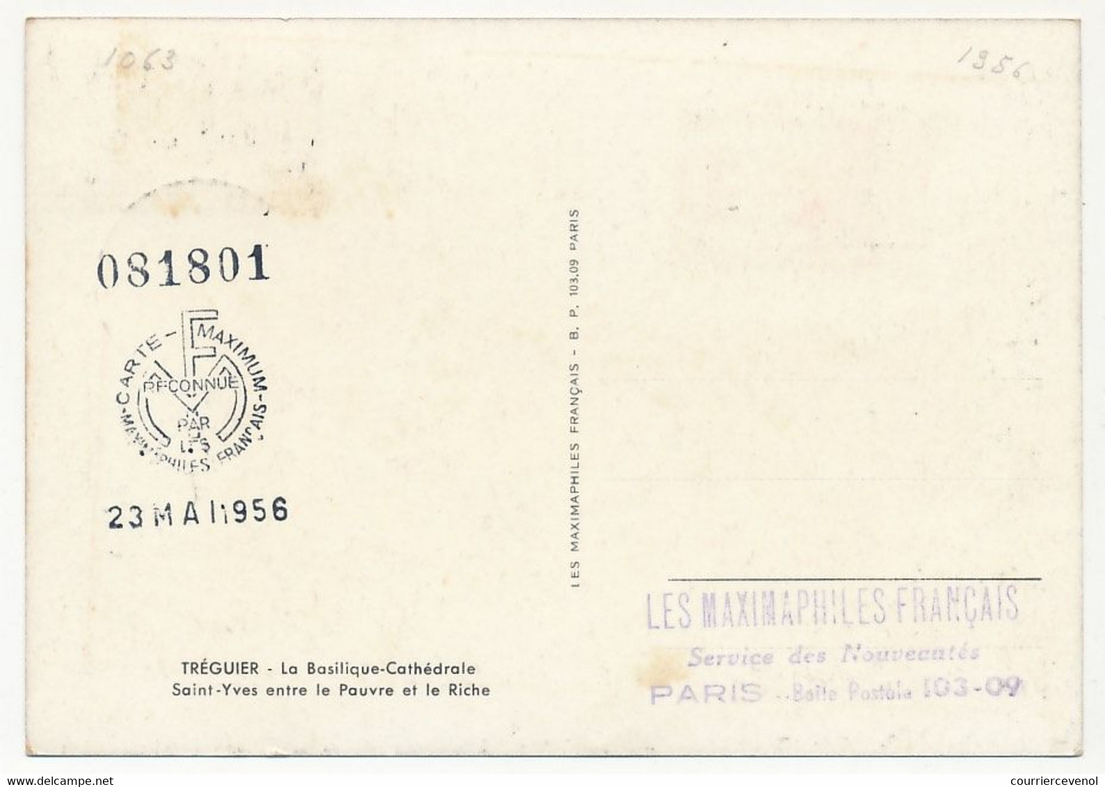FRANCE => Carte Maximum - 15F St Yves De Tréguier - Premier Jour 1956 - 1960-1969