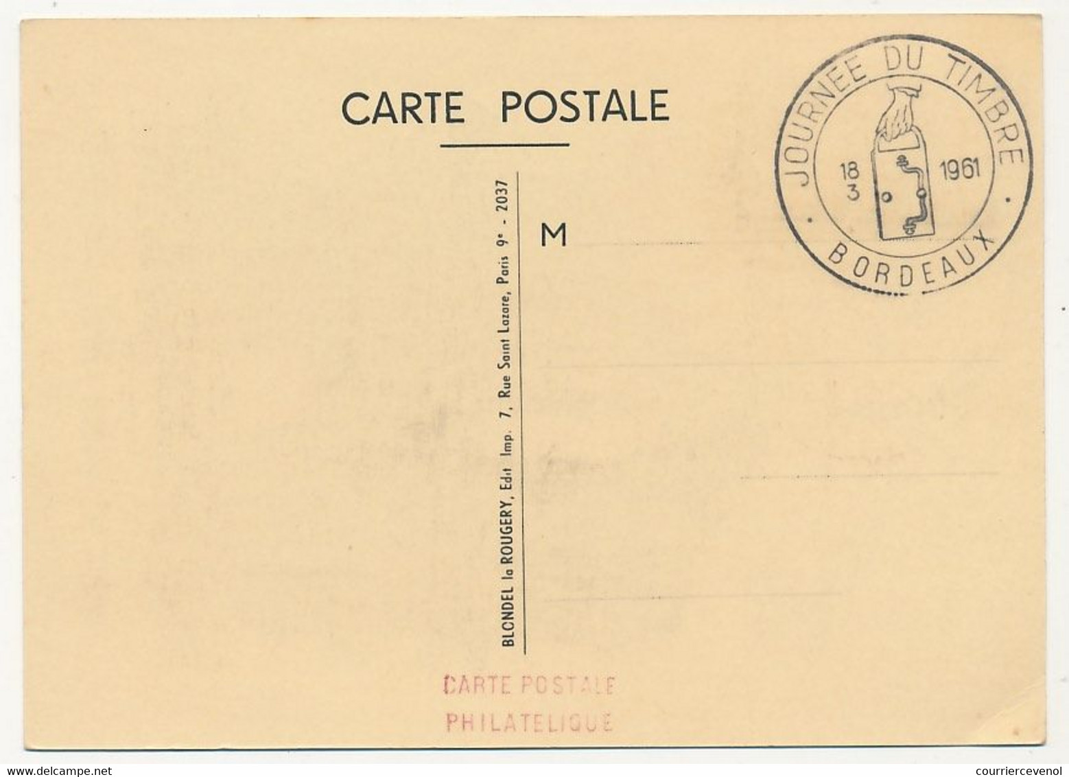 FRANCE - Carte Locale - Journée Du Timbre 1961 - 0,20 + 0,05 Facteur Petite Poste - BORDEAUX - 18/3/1961 - Lettres & Documents