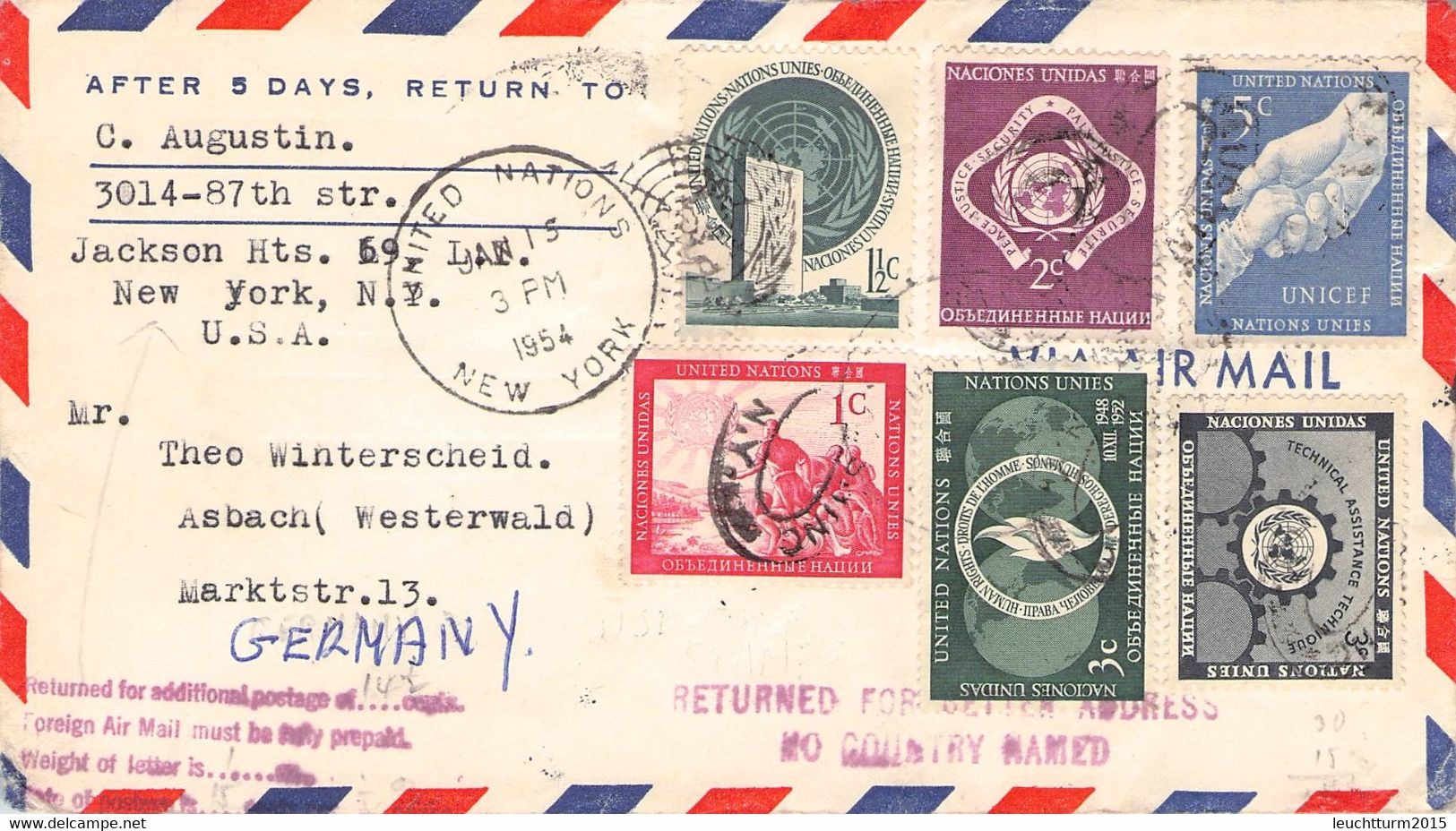 UNITED NATIONS - AIRMAIL 1954 > ASBACH/DE / 4-15 - Covers & Documents