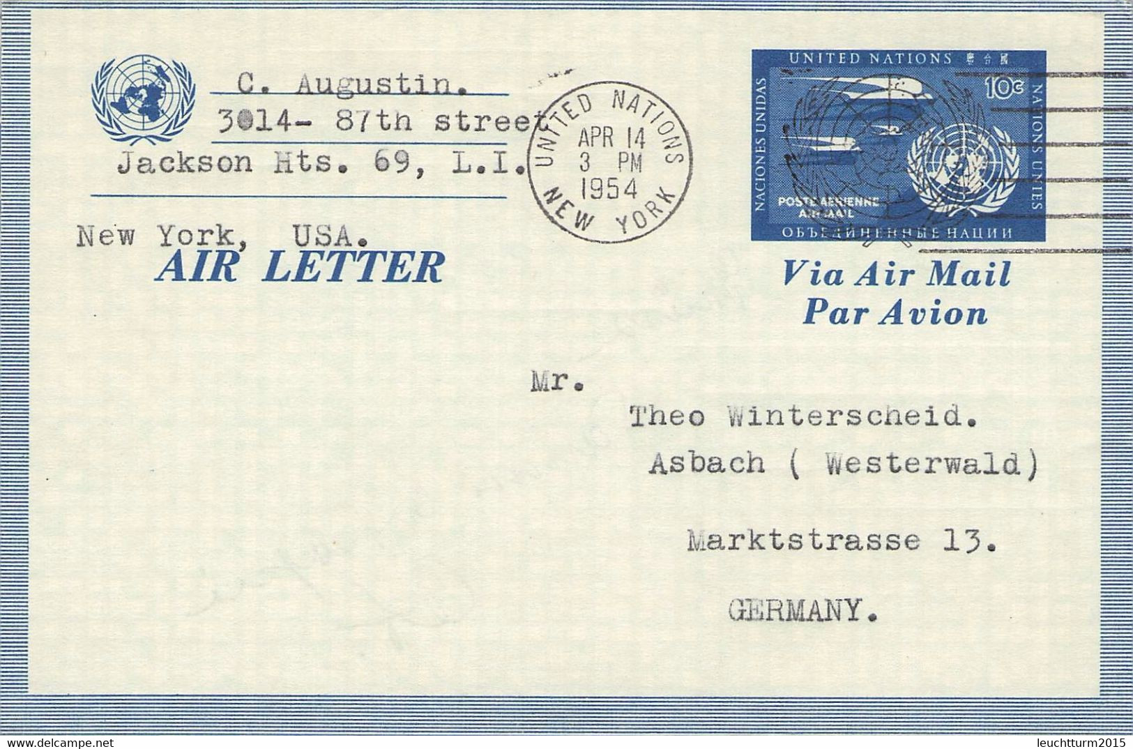 UNITED NATIONS - AIR LETTER 1954 > ASBACH/DE / 4-15 - Poste Aérienne