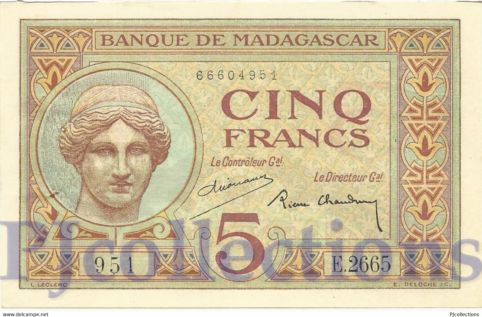 MADAGASCAR 5 FRANCS 1937 PICK 35 AU+ W/HOLES - Madagascar