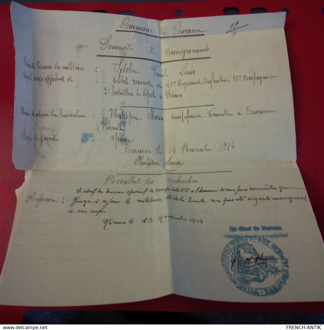 LETTRE COURNIOU DEMANDE DE RENSEIGNEMENTS 1914 CACHET REGIMENT D INFANTERIE - Cartas & Documentos