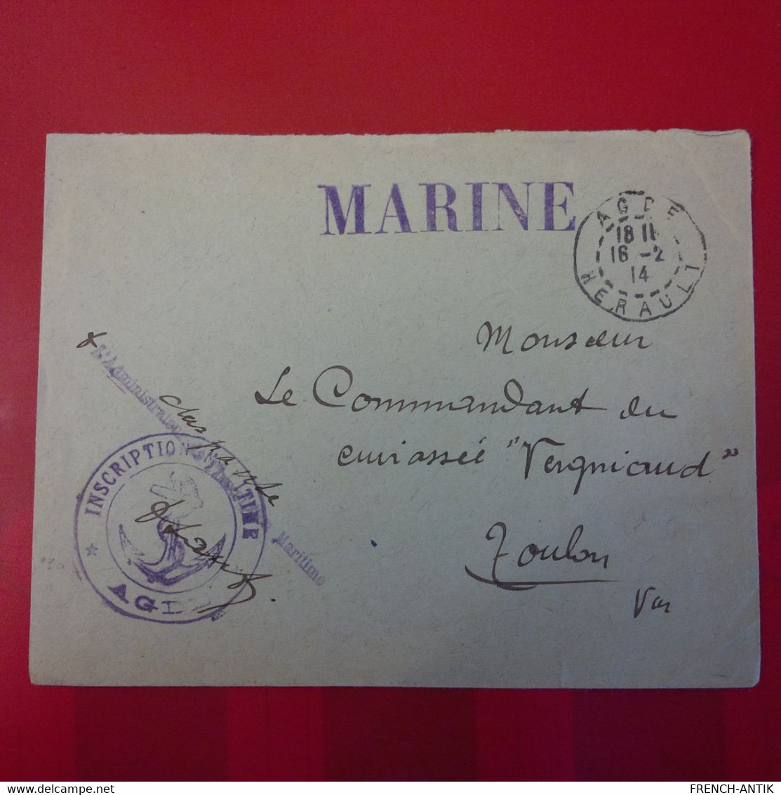 LETTRE MARINE ADGE POUR TOULON LE COMMANDANT DU CUIRASSEE VERGNIAUD CACHET MILITAIRE - Storia Postale