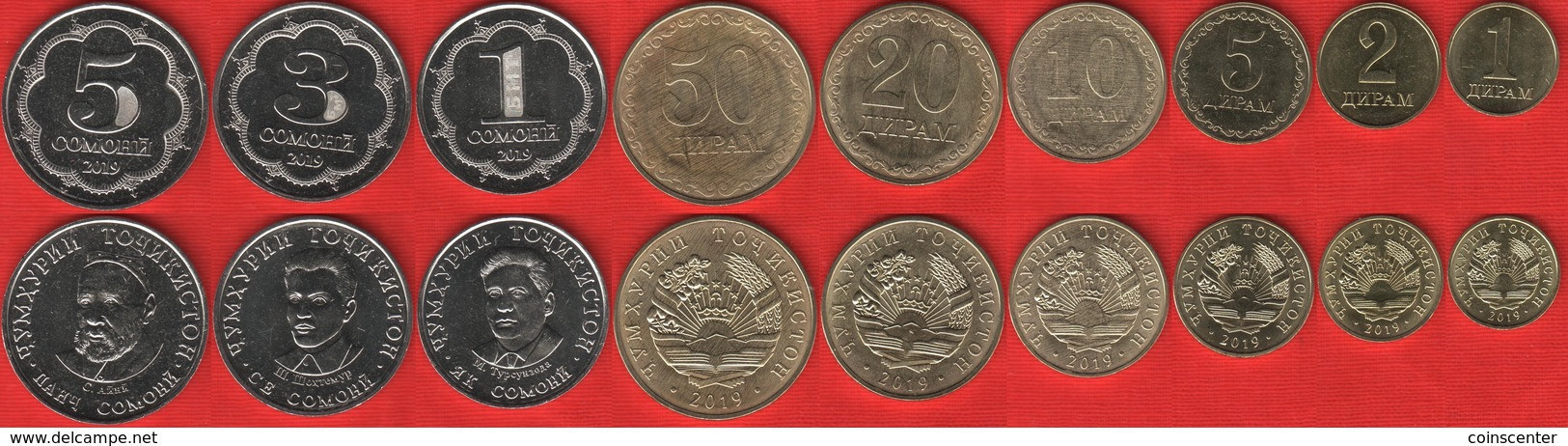 Tajikistan Set Of 9 Coins: 1 Diram - 5 Somoni 2019 UNC - Tajikistan