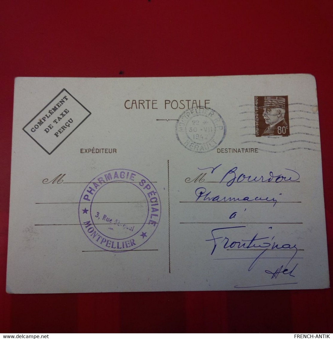 LETTRE CARTE POSTALE CACHET MONTPELLIER PHARMACIE SPECIALE POUR FRONTIGNAN 1942 - Cartas & Documentos