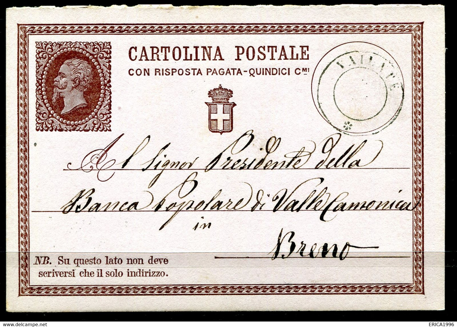 Z3439 ITALIA REGNO 1875 Cartolina Postale 15 C. Con Risposta Pagata (N° 2 D'ITALIA) Da VAILATE (CR) 7/12/75 (da Testo Su - Postwaardestukken