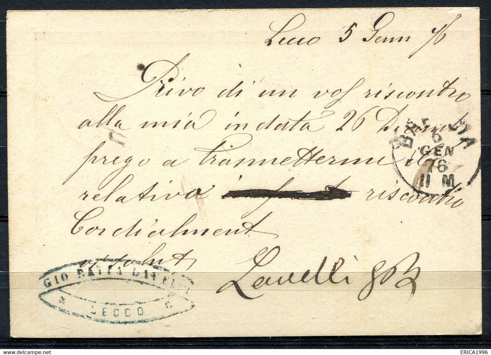 Z3428 ITALIA REGNO 1876 Cartolina Postale 10 C. (N° 1 D'ITALIA) Da LECCO 5 GEN 76 Per Breno (BS), Ottime Condizioni - Postwaardestukken