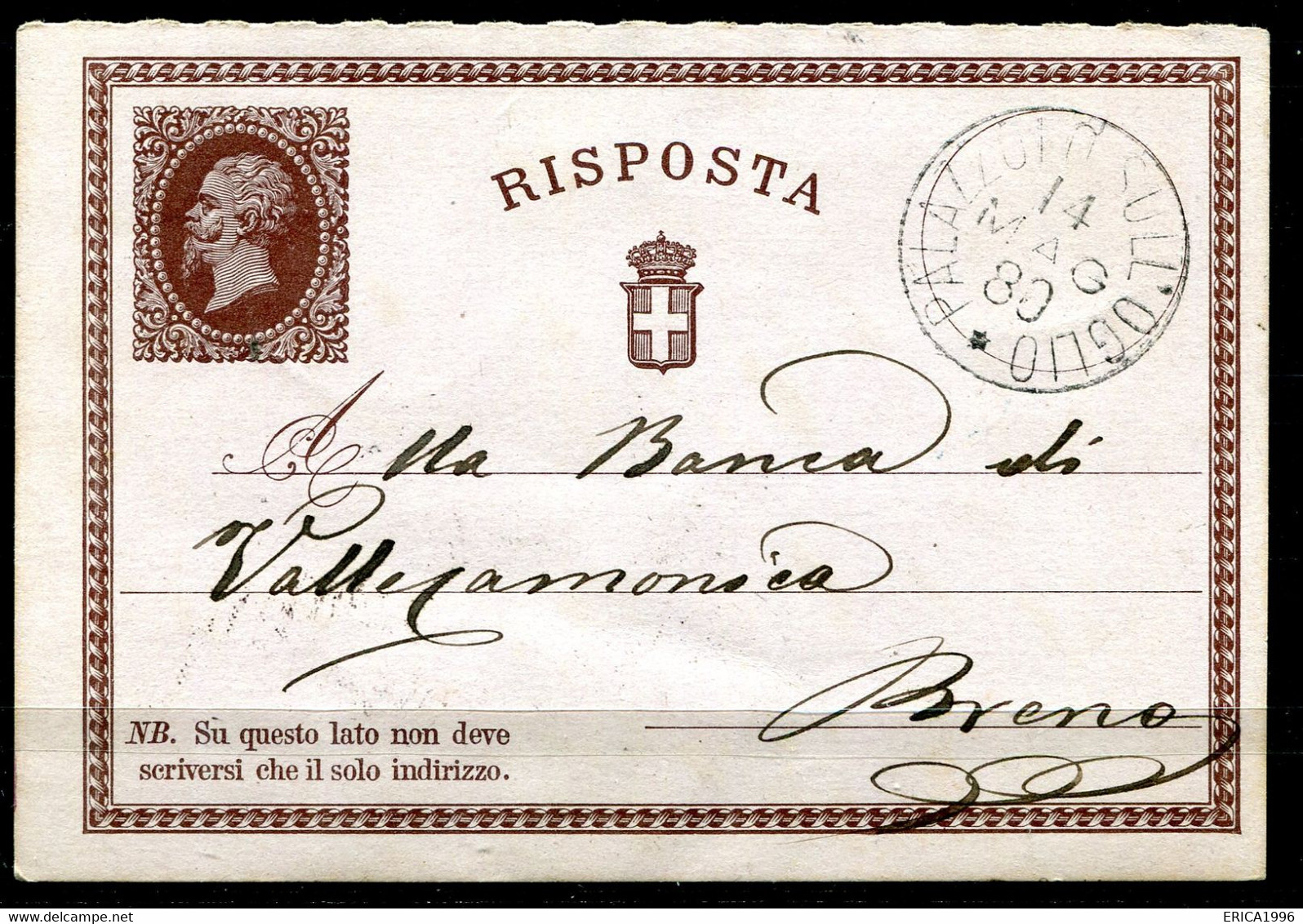 Z3443 ITALIA REGNO 1880 Cartolina Postale 15 C. RISPOSTA (N° 2 D'ITALIA) Da PALAZZOLO SULL'OGLIO (BS) 14 MAG 80 Per Bren - Ganzsachen