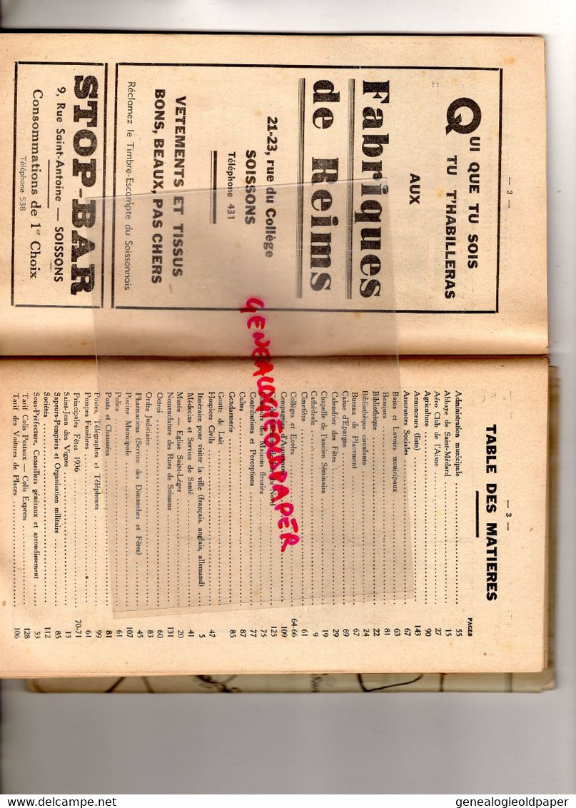 02- SOISSONS - RARE GUIDE 1936- SYNDICAT INITIATIVE-BRASSERIE COUPOLE-CARTONNERIE SAINT GERMAIN-BUTTE CHALMONT-CASINO - Cuadernillos Turísticos