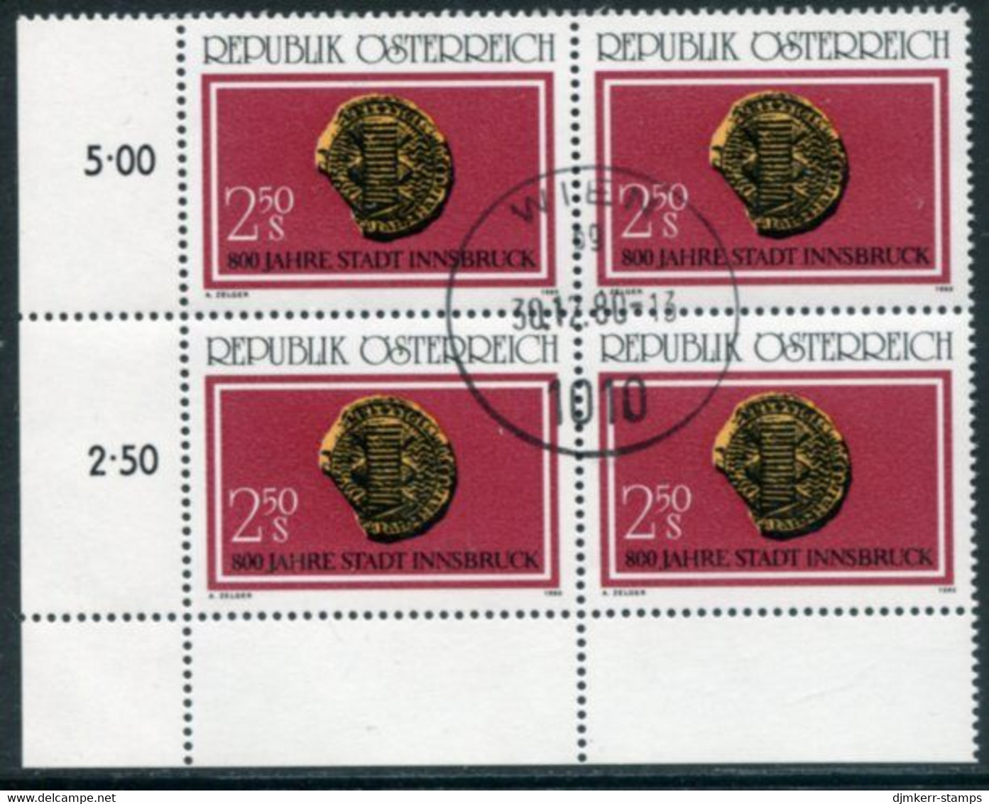 AUSTRIA 1980 Europa: 800th Anniversary Of Innsbruck Block Of 4 Used.  Michel 1647 - Gebraucht
