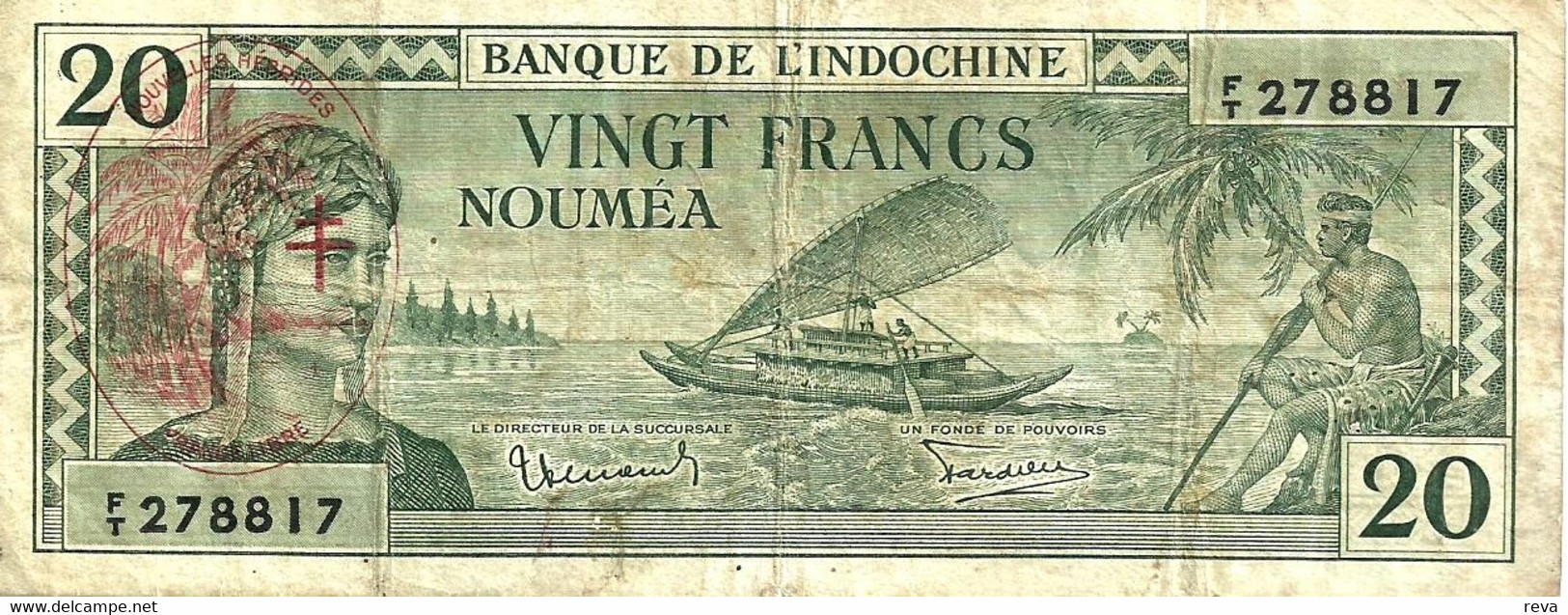 VANUATU NEW HEBRIDES 20 FRANCS WOMAN BANK INDOCHINE FRONT MASK BACK ND(1945) P7a O/P ON NC P.46 F+ RARE READ DESCRIPTION - Vanuatu