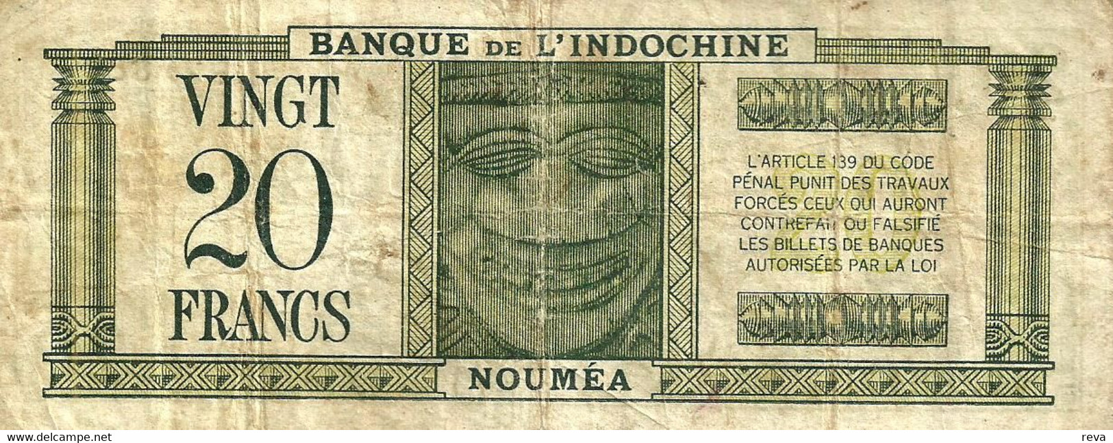 VANUATU NEW HEBRIDES 20 FRANCS WOMAN BANK INDOCHINE FRONT MASK BACK ND(1945) P7a O/P ON NC P.46 F+ RARE READ DESCRIPTION - Vanuatu