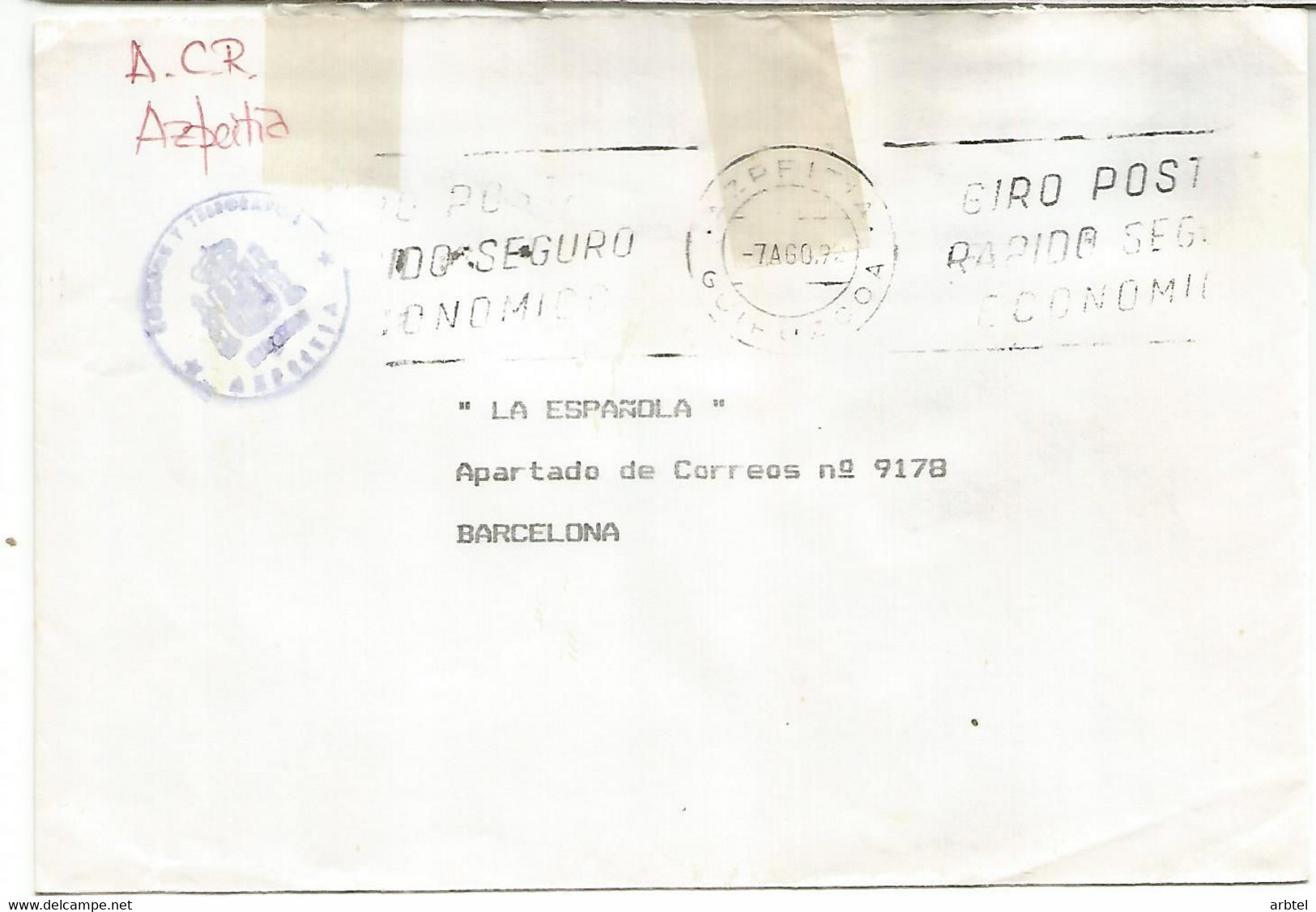 CC CON FRANQUICIA DE CORREOS AZPEITIA GUIPUZCOA - Postage Free