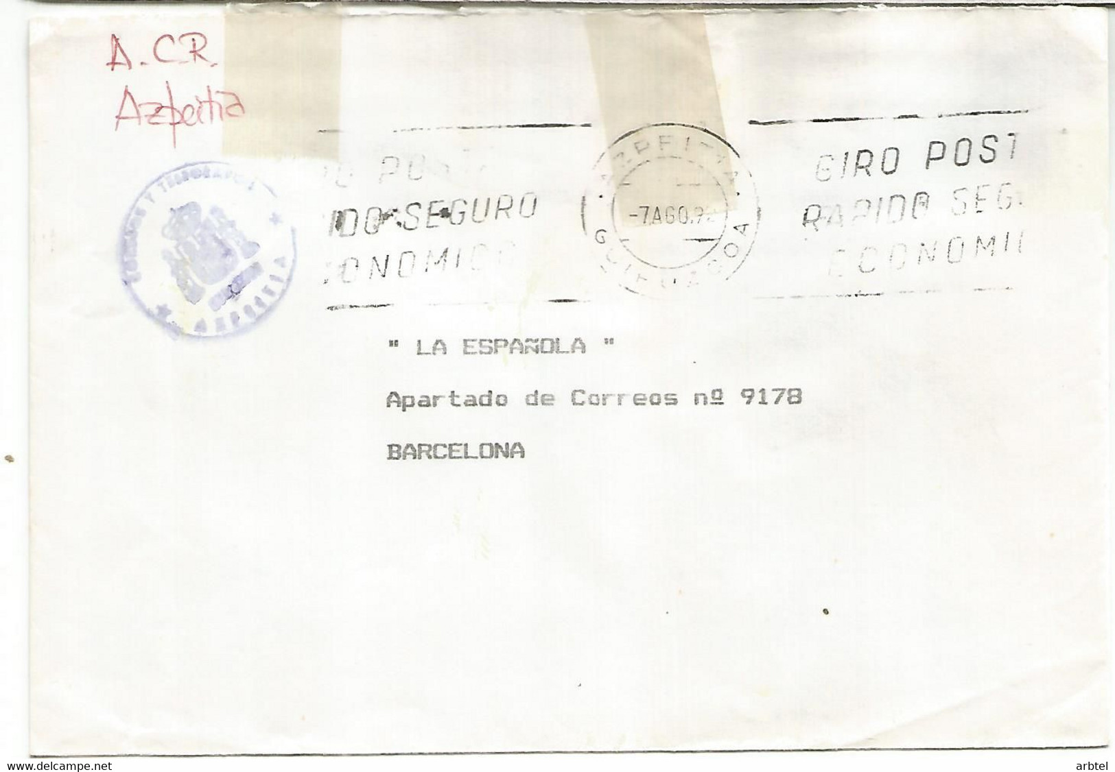 CC CON FRANQUICIA DE CORREOS AZPEITIA GUIPUZCOA - Franquicia Postal