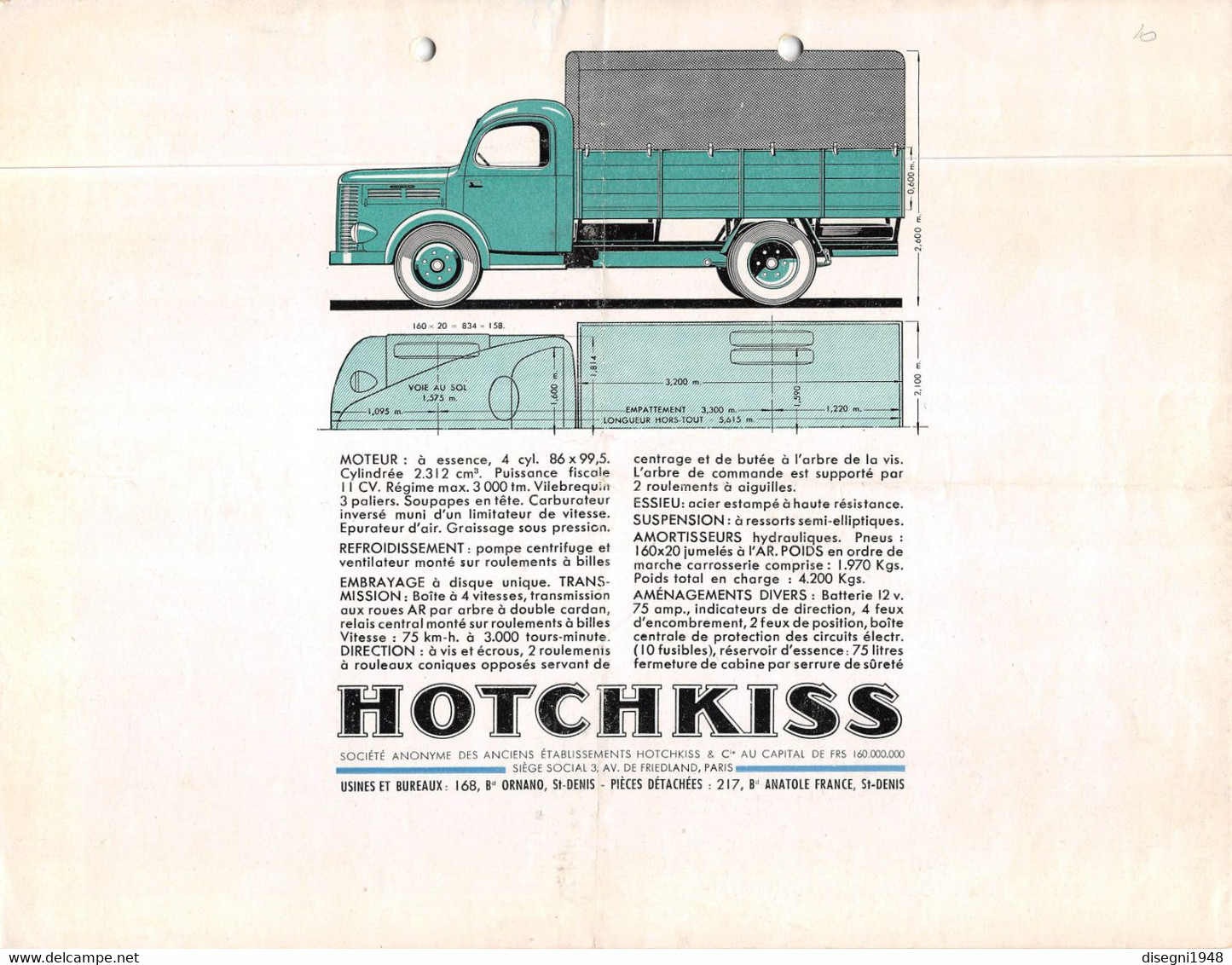 011766 "HOTCHKISS - 1949 PL 20" VOLANTINO PUBBL. ILLUSTR. ORIG. - Camions