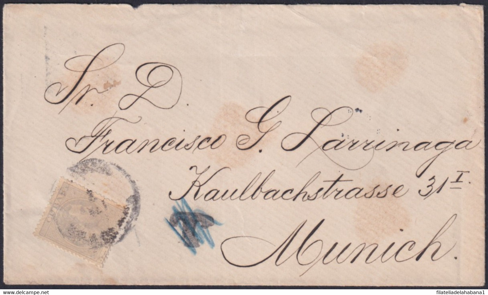 1884-H-75 CUBA ESPAÑA SPAIN 1884 ALFONSO XII COVER 1889 HABANA TO MUNICH GERMANY POSTAGE DUE. - Voorfilatelie