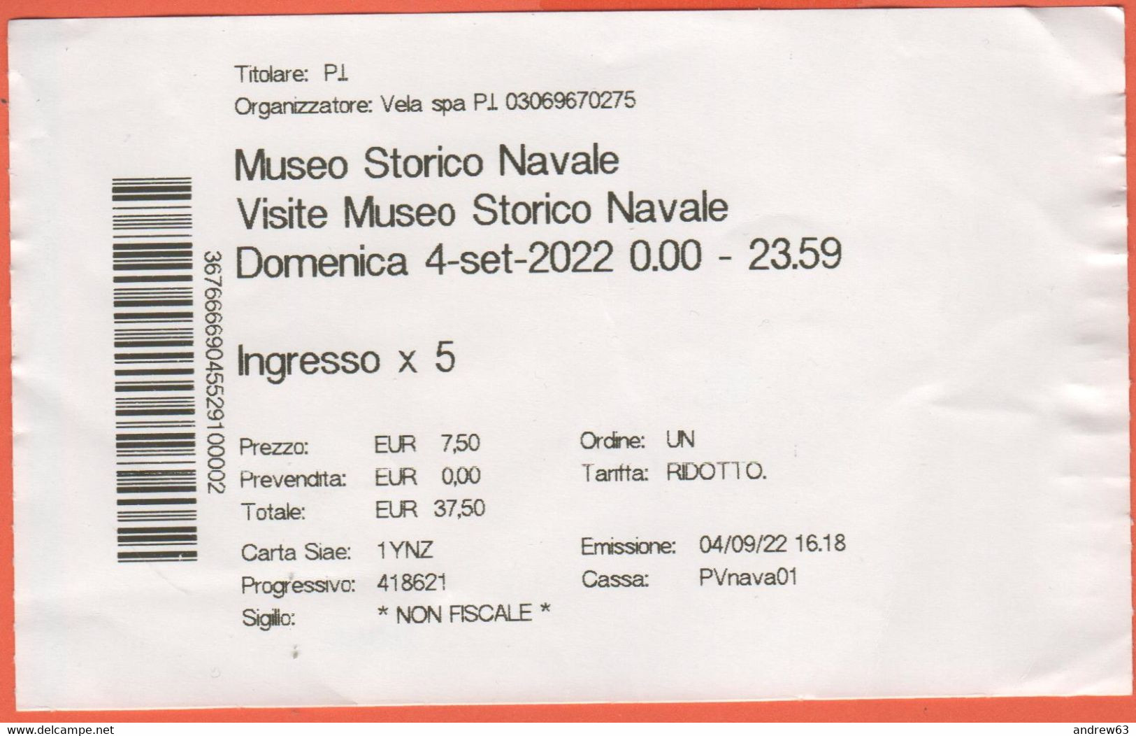 ITALIA - ITALY - ITALIE - Venezia - Museo Storico Navale - Biglietto Di Ingresso X 5 - Usato - Tickets D'entrée
