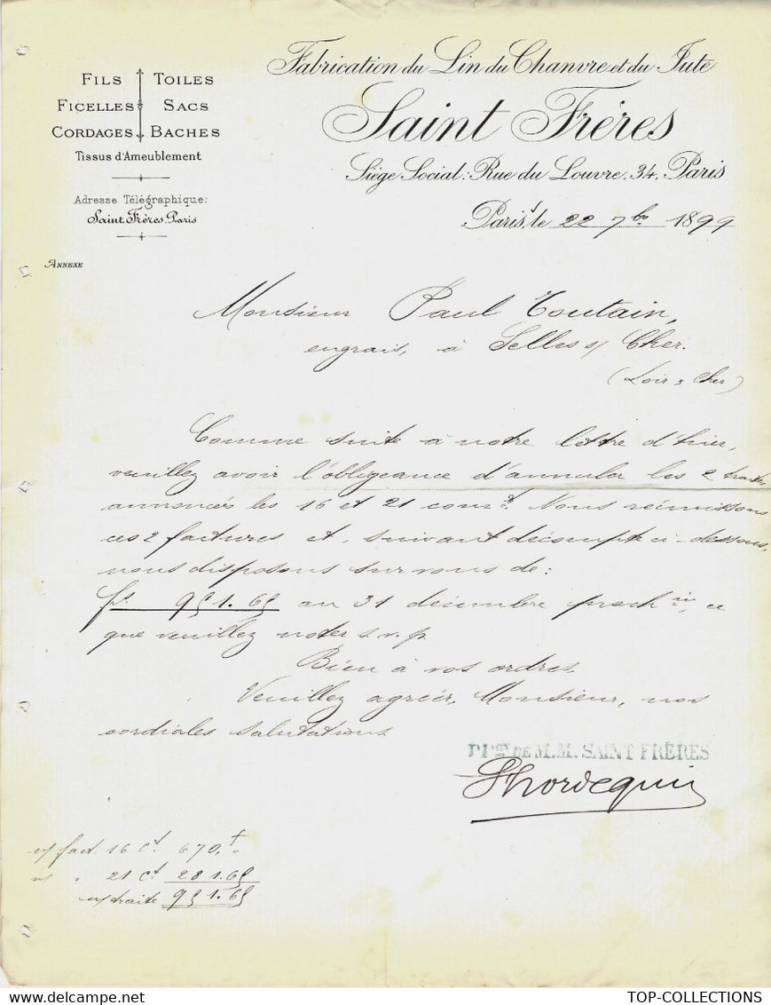 1899 LES ORIGINES DU Groupe L.V.M.H « Saint Frères » à Paris Fabricants   Pour Paul Toutain à Celles Sur Cher Loir Et Ch - 1800 – 1899