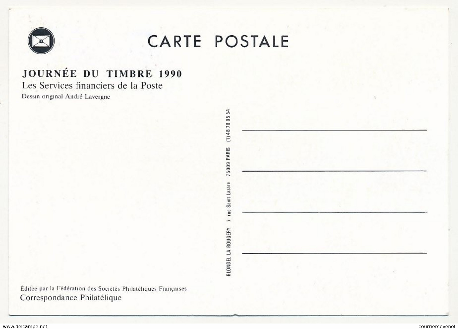 FRANCE - Carte Fédérale - Journée Du Timbre 1990 - 2,30 + 0,60 Services Financiers De La Poste - 62 LENS - 17 Mars 1990 - Storia Postale