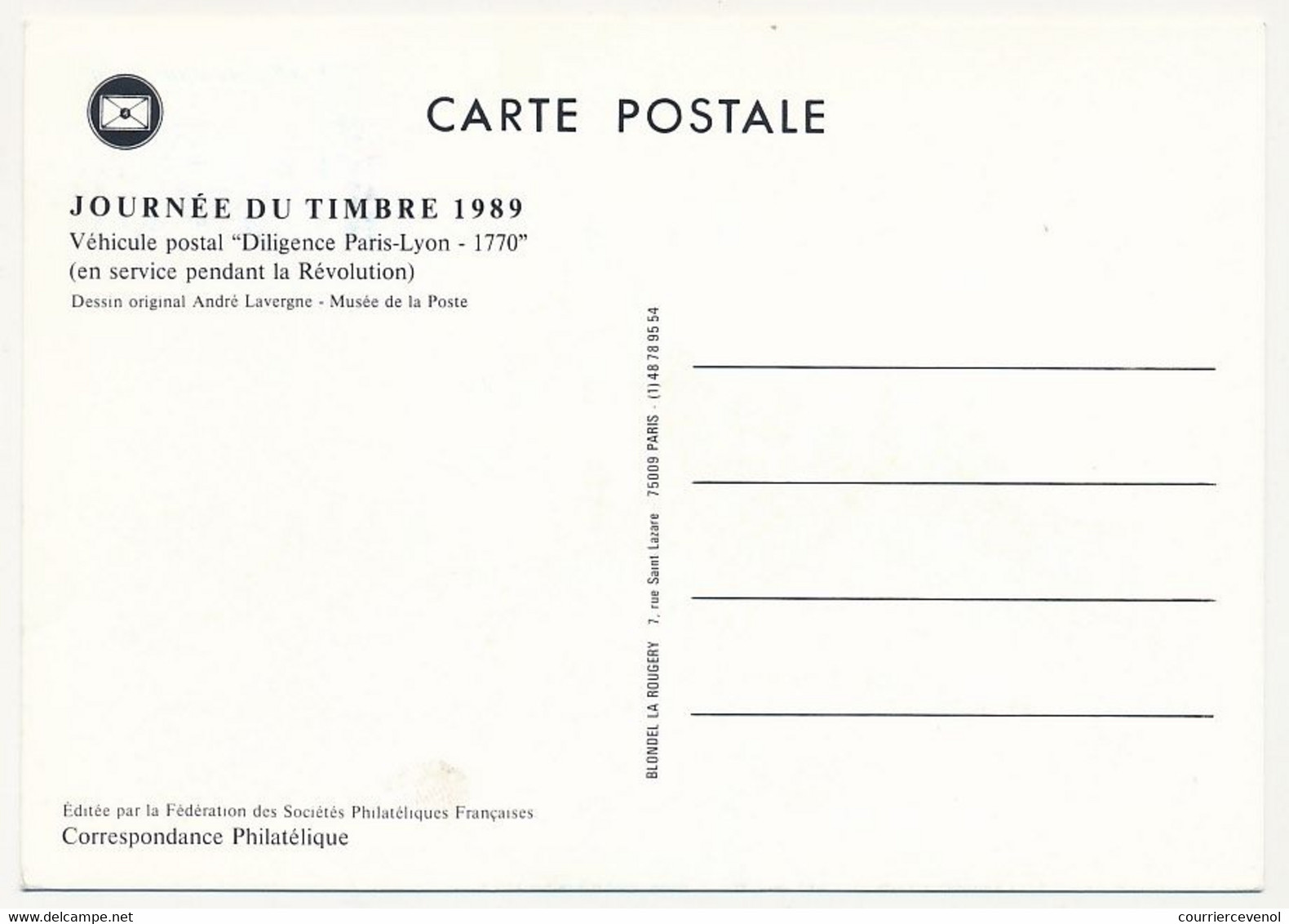 FRANCE - Carte Fédérale - Journée Du Timbre 1989 - 2,20 + 0,60 Diligence Paris Lyon - 62 LENS - 16 Avril 1989 - Storia Postale