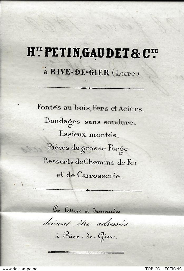 1862 ENTETE PETIN GAUDET HAUTS FOURNEAUX MARINE CHEMINS DE FER Rive De Gier Loire Pour Peugeot Audincourt Doubs - 1800 – 1899